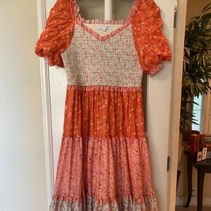 Ivy City Co Floral Patchwork Dress - Red and Pink